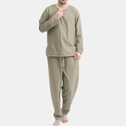 Men's Solid Color Long Sleeve Pajama Set - 2 Pieces with Elastic Waist Pants and Pullover Top