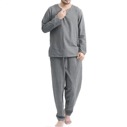 Men's Solid Color Long Sleeve Pajama Set - 2 Pieces with Elastic Waist Pants and Pullover Top