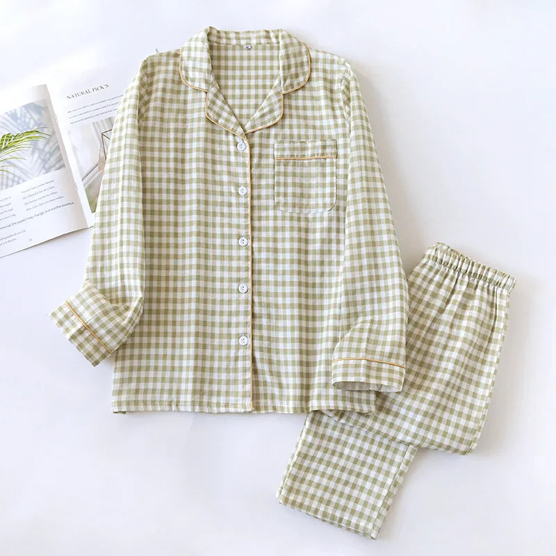 2024 Spring/Summer Couple Pajama Set 100% Cotton Double Layer Gauze Men's and Women's Plaid Set Long sleeved Home Fury