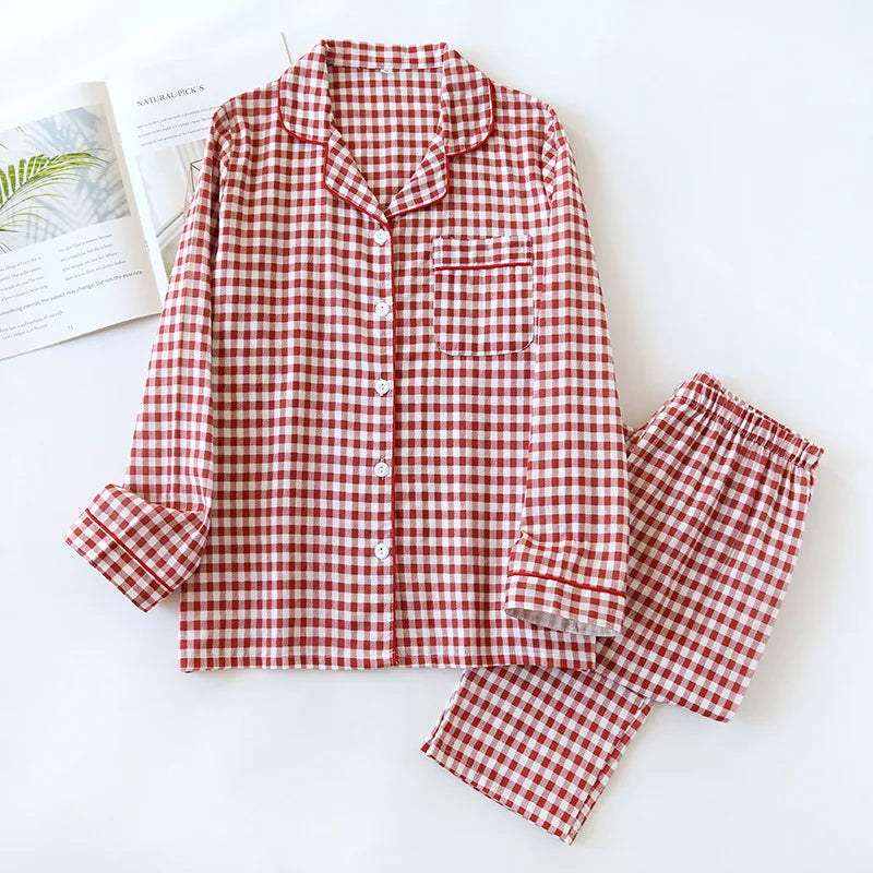 2024 Spring/Summer Couple Pajama Set 100% Cotton Double Layer Gauze Men's and Women's Plaid Set Long sleeved Home Fury