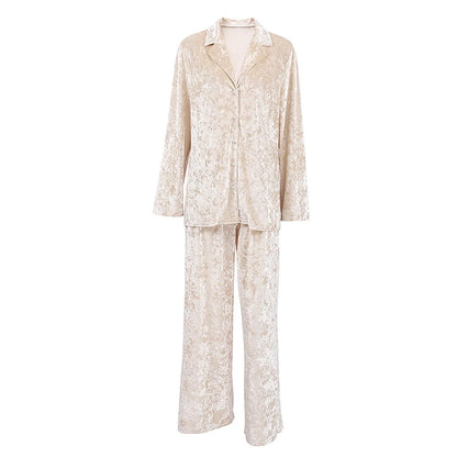 Elegant Velvet Two-Piece Pajama Set for Women with Lapel Long Sleeved Top and Pants Spring Holiday Fashion