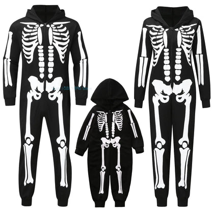 Halloween Family Costume Skeleton Print Hooded Jumpsuit Pajama Halloween Family Matching Mom Dad Kids Halloween Theme Party Suit