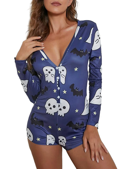 Women s Halloween Pajamas Romper Long Sleeve Deep V Neck Jumpsuit Shorts Loungewear Cosplay Outfit