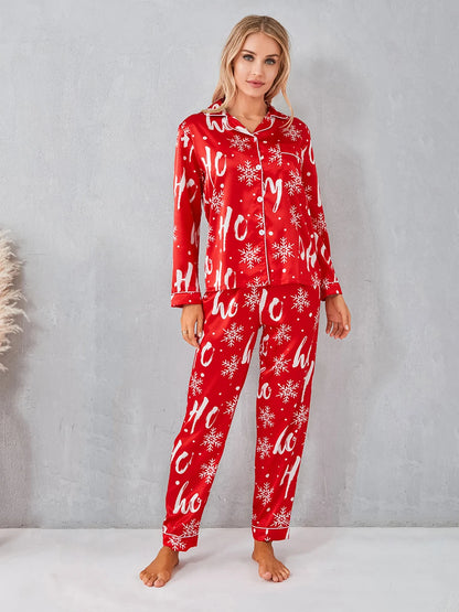 Striped Printed Women's Christmas Pajamas Set Long Sleeve Button Down Shirt and Pants Loungewear Sleepwear