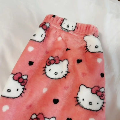 Halloween Cartoon Hello Kitty Women's Plush Pajamas Pants Anime Sanrio Halloween Cosplay Pants Plush Insulation Casual Home Wear