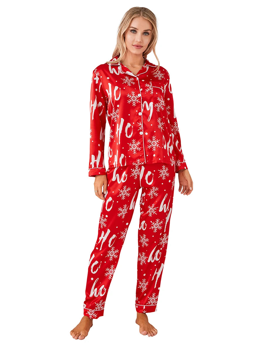 Striped Printed Women's Christmas Pajamas Set Long Sleeve Button Down Shirt and Pants Loungewear Sleepwear