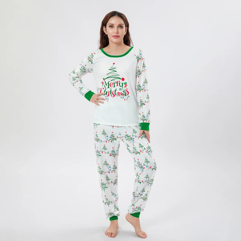 2023 New Christmas Pajamas Outfits for Family Long Sleeve Tops + String Lights Print Pants 2 Pieces Set Sleepwear Loungewear