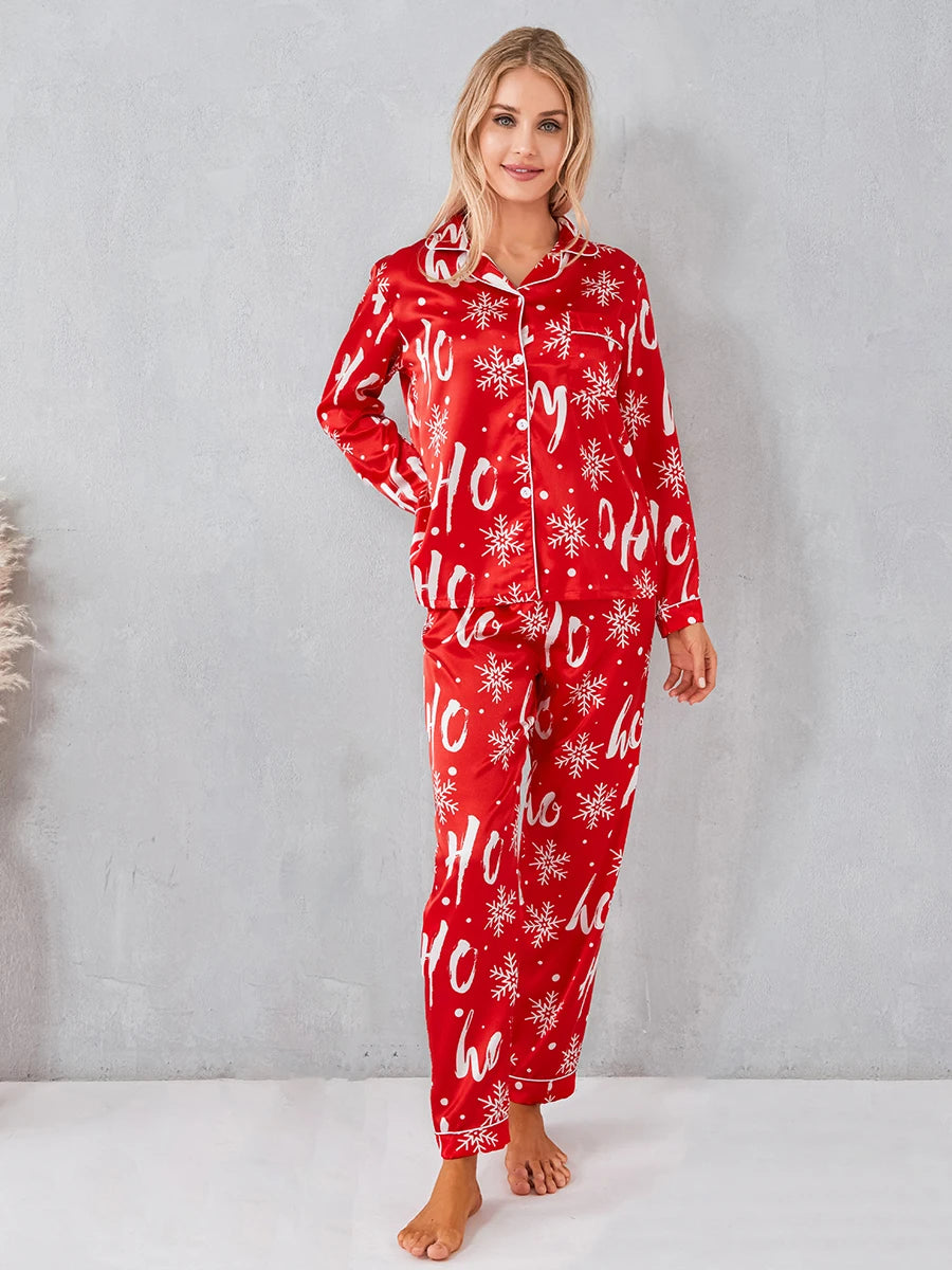 Striped Printed Women's Christmas Pajamas Set Long Sleeve Button Down Shirt and Pants Loungewear Sleepwear