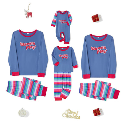 Family Pajamas Matching Set Halloween Costumes Long Sleeve Letters T-shirt Tops with Striped Pants Sleepwear Lounge Sets Outfits