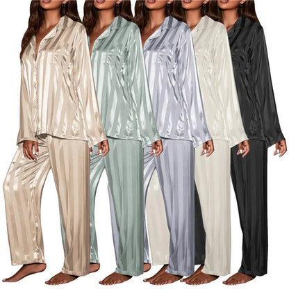 Women's Summer Striped Pajama Set Long Sleeve Top Trousers Silk Satin Home Suit Spring Loose Casual Sleepwear Female Nightwear