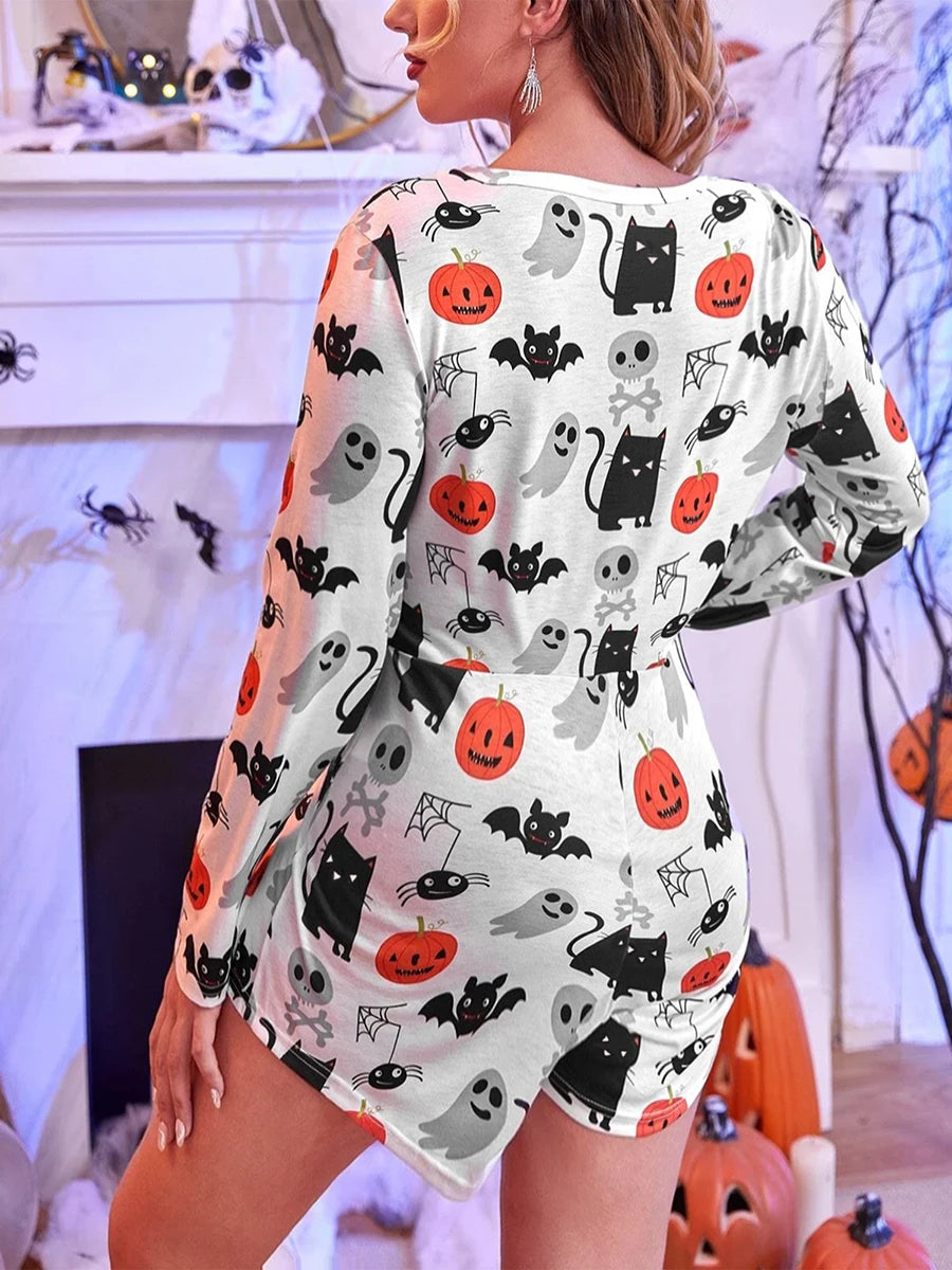 Women s Halloween Pajamas Romper Long Sleeve Deep V Neck Jumpsuit Shorts Loungewear Cosplay Outfit