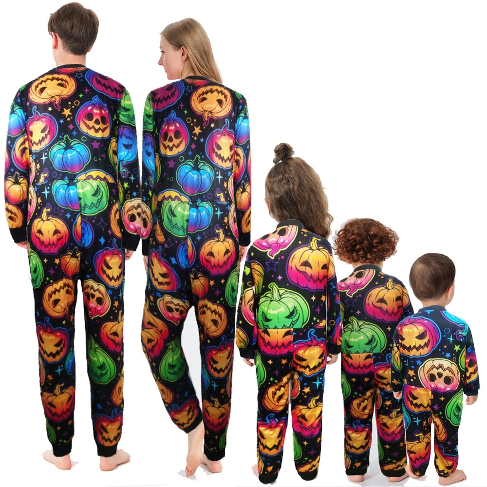 New Halloween Family Matching Outfits Fashion Pumpkin Cartoon Dazzle Color Printing One Piece Holiday Family Pajama Baby Clothes