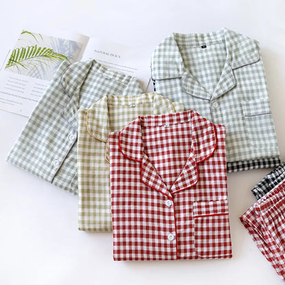 2024 Spring/Summer Couple Pajama Set 100% Cotton Double Layer Gauze Men's and Women's Plaid Set Long sleeved Home Fury