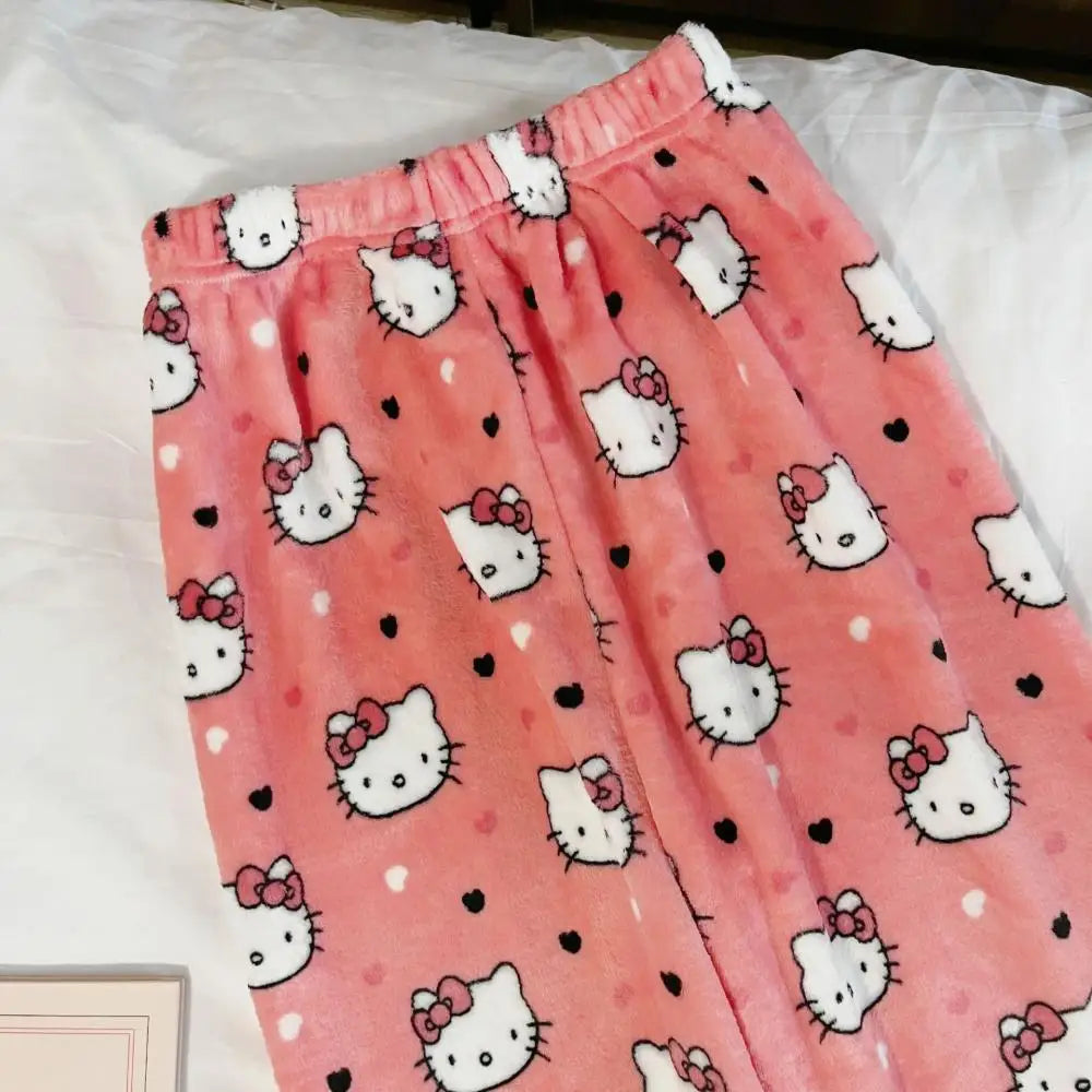 Halloween Cartoon Hello Kitty Women's Plush Pajamas Pants Anime Sanrio Halloween Cosplay Pants Plush Insulation Casual Home Wear