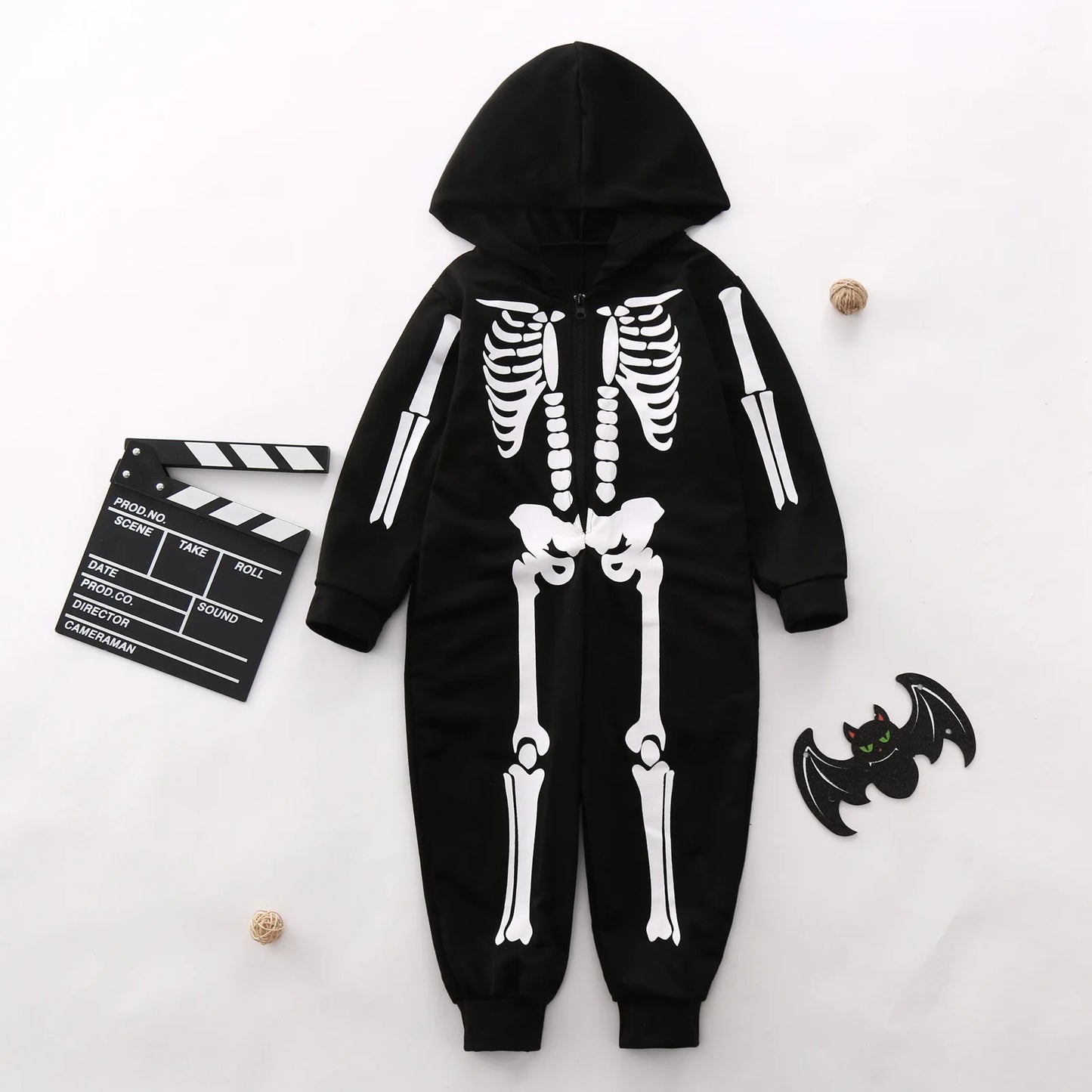 Halloween Family Costume Skeleton Print Hooded Jumpsuit Pajama Halloween Family Matching Mom Dad Kids Halloween Theme Party Suit