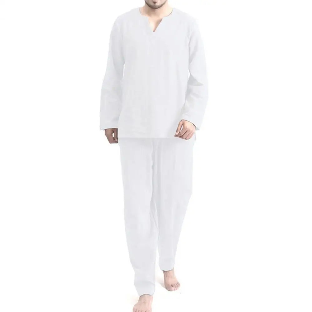 Men's Solid Color Long Sleeve Pajama Set - 2 Pieces with Elastic Waist Pants and Pullover Top