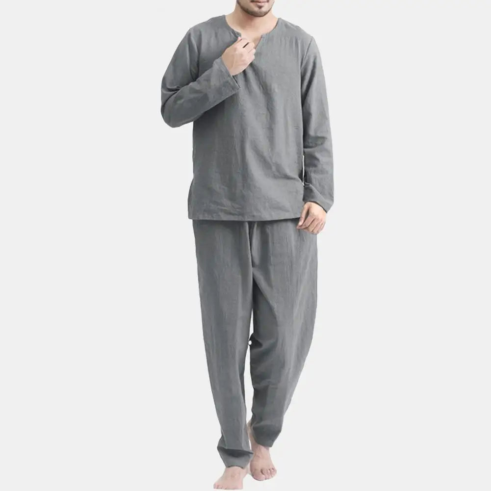 Men's Solid Color Long Sleeve Pajama Set - 2 Pieces with Elastic Waist Pants and Pullover Top