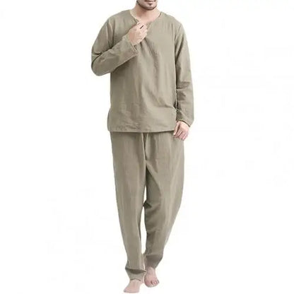 Men's Solid Color Long Sleeve Pajama Set - 2 Pieces with Elastic Waist Pants and Pullover Top