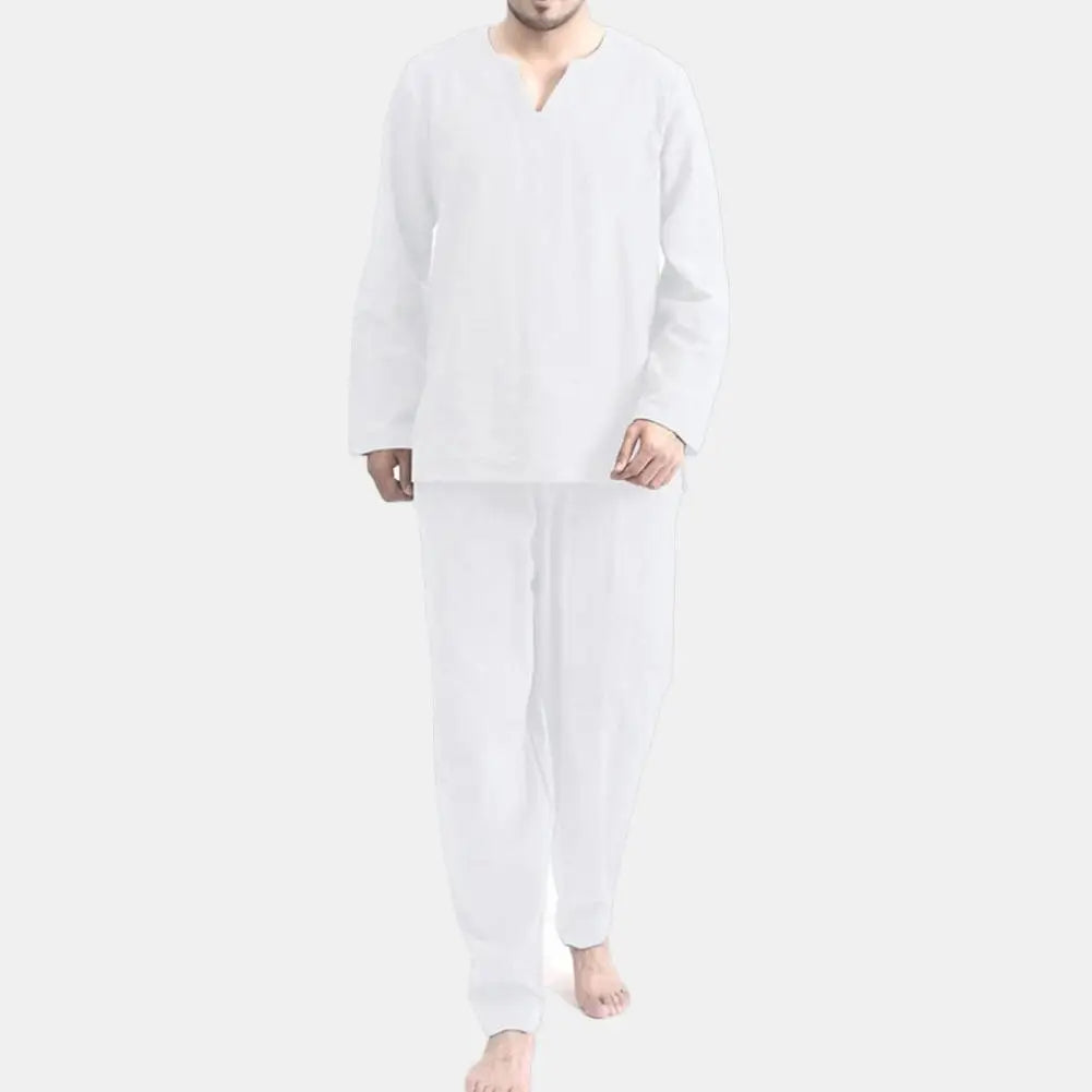 Men's Solid Color Long Sleeve Pajama Set - 2 Pieces with Elastic Waist Pants and Pullover Top